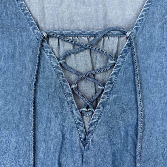 Women’s Lucky Brand Chambray Denim Lace Up Short Sleeve V-Neck Dress Medium - Picture 6 of 16